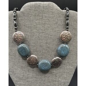 Artistic Polished Blue Stone With Silver Accents 11" Necklace Magnet Closure